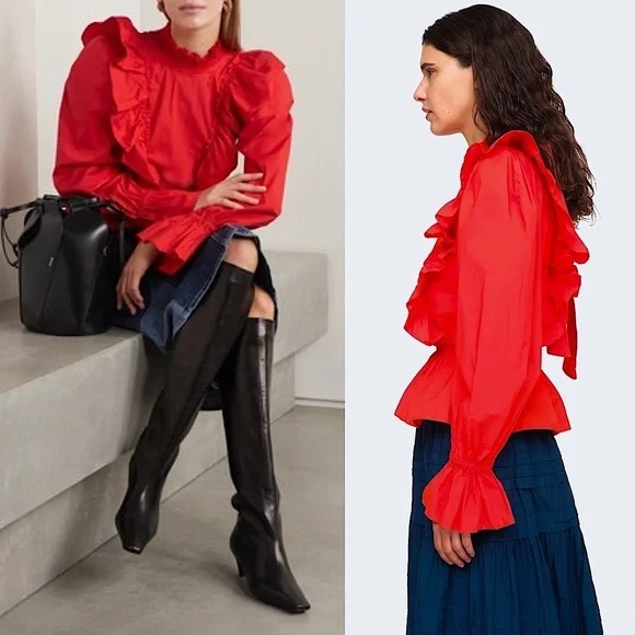 SEA NY Ruffled High Neck Puffed Long Sleeve Tied Open Back Cotton Peplum Top 8 - Picture 2 of 12